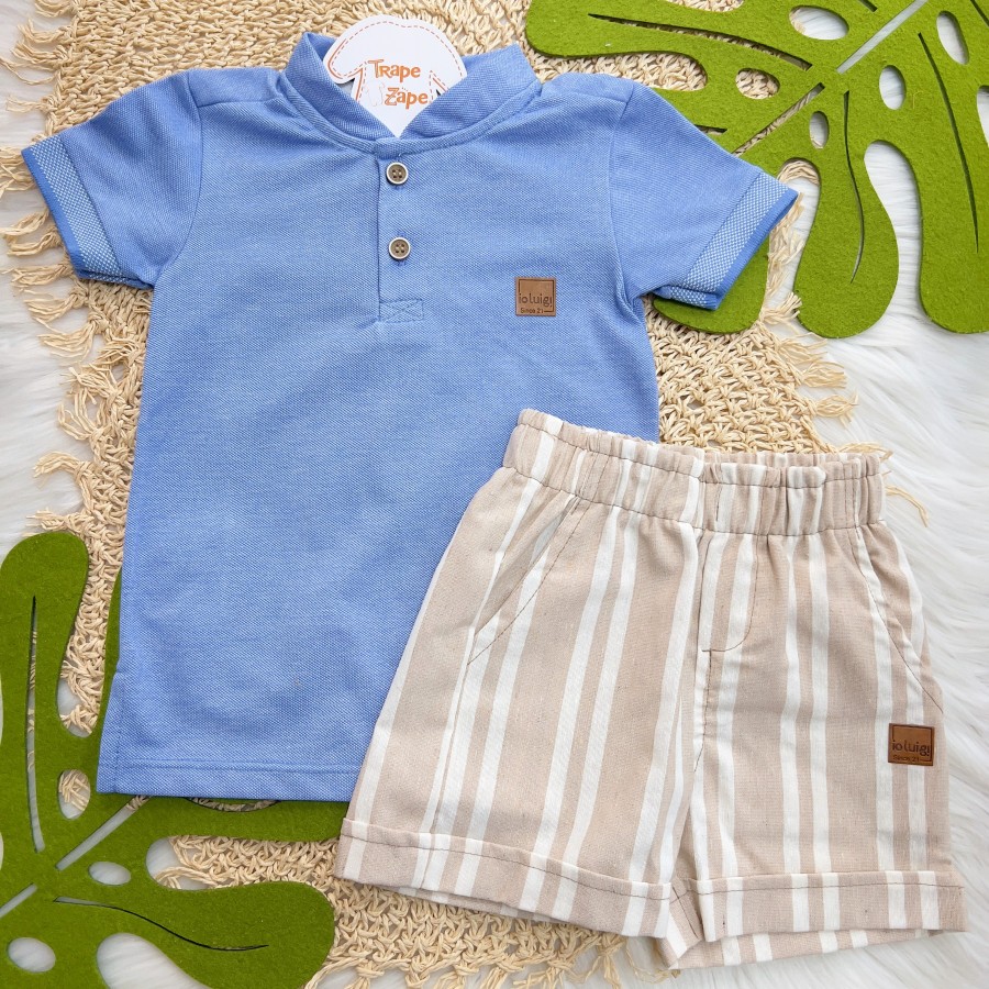  Conj. Camiseta com Botões e Short Listrado - Azul e Areia